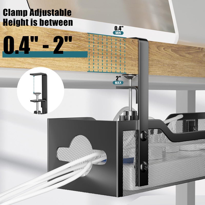 Litwaro Under Desk Cable Management Tray Black, Litwaro Cable Management Under Desk No Drill, 25'' Cable Tray with Clamp for Wire Management, Cord Organizer for Office, Home - No Damage to Table - Image 3
