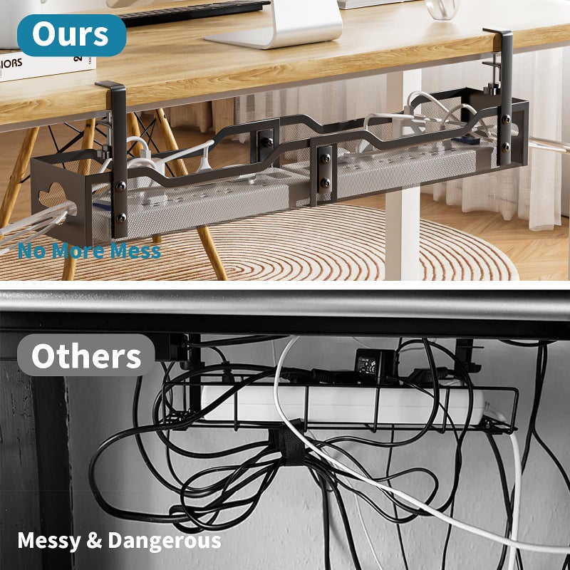 Litwaro Under Desk Cable Management Tray Black, Litwaro Cable Management Under Desk No Drill, 25'' Cable Tray with Clamp for Wire Management, Cord Organizer for Office, Home - No Damage to Table - Image 4