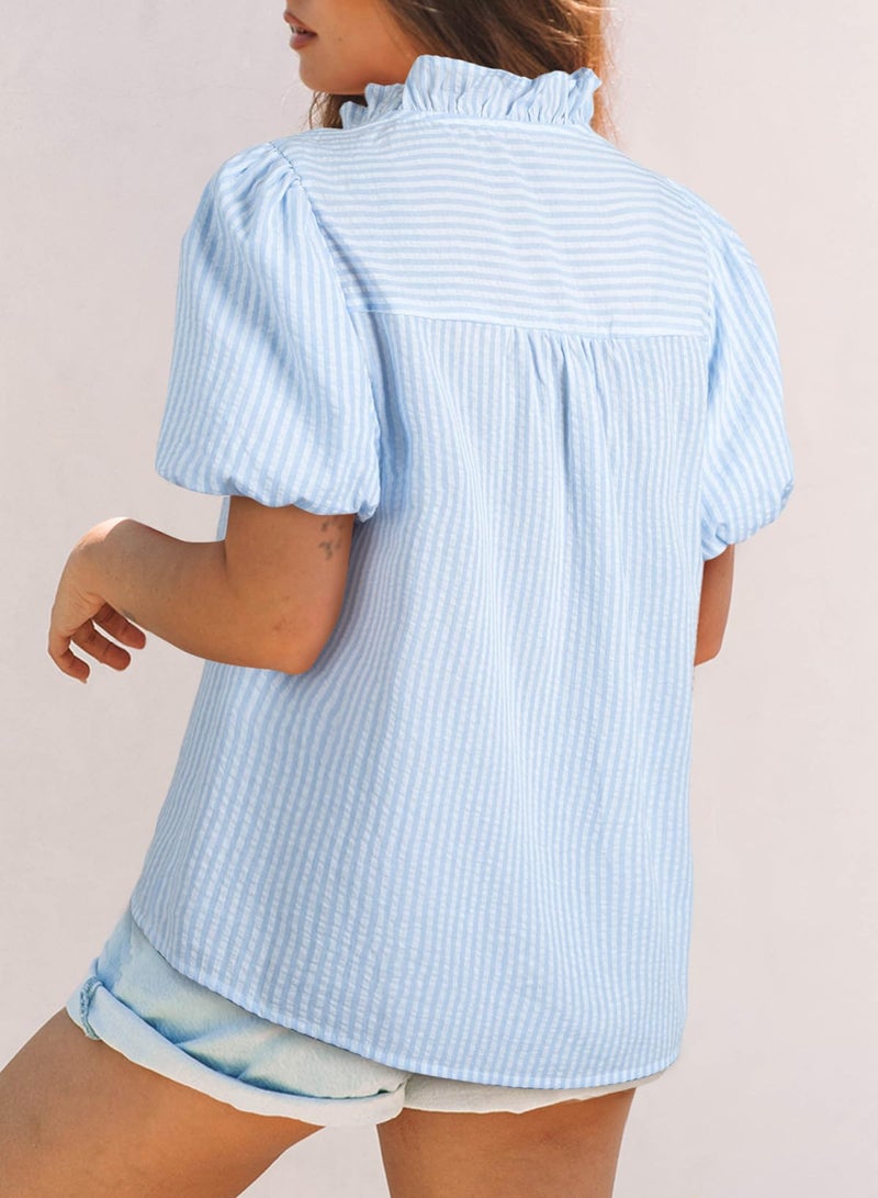 Astylish Women's Puff Sleeve Ruffle Collar Blouses Striped Button Up Shirts Spring Summer Tops Business Casual Loose Classic Vintage Dressy Breathable Fashion Beach Vacation Clothes Light Blue Large - Image 5
