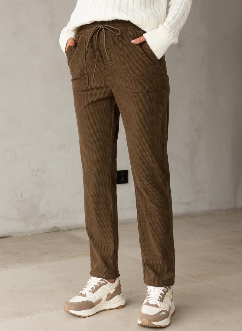 EVALESS Corduroy Pants for Women Plus Size Drawstring Elastic High Waist Straight Leg Pants Spring 2026 Loose Comfy Trousers with Pockets Brown X-Large - Image 5