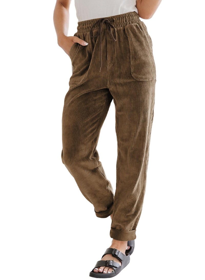 EVALESS Corduroy Pants for Women Plus Size Drawstring Elastic High Waist Straight Leg Pants Spring 2026 Loose Comfy Trousers with Pockets Brown X-Large - Image 1