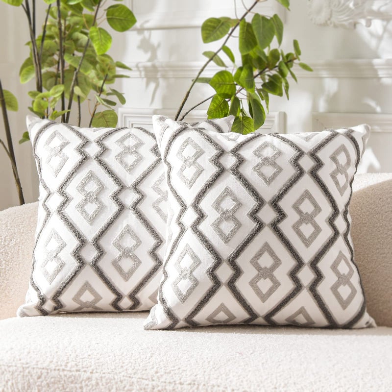 Wacomeco Pack Of 2 Embroidered Decorative Throw Pillow Covers - Accent Boho Pillowcases Farmhouse Cushion Covers For Sofa Bedroom Couch Car  18 X 18 In  Grey - Image 1