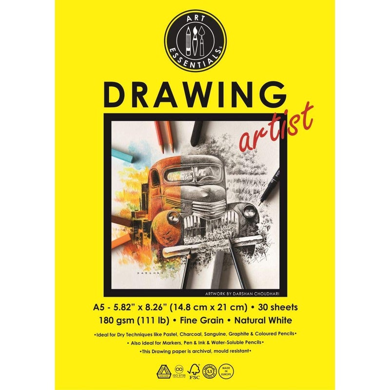 Art Essentials Drawing Artist A5 Natural White Fine Grain 180 GSM Pad of 30 Sheets Acid Free Paper for Sketching Painting Drawing with Pencil Charcoal Graphite Chalk Oil Pastel Wax Crayon - Image 1