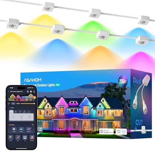 ASAHOM Permanent Outdoor Lights Pro S108D, 200FT with 144 RGBCW LED Lights, WLED Integrated, AI Lighting, 30000 Dynamic Effect, IP67 Waterproof for Holiday Outdoor Decor, Daily Lighting, White - Image 1