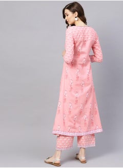 ISHIN Regular Fit Floral Pattern Round Neck Neck Three-Quarter Sleeve Pink Colour Knitted Cotton Kurta Set for Women with Mid-Rise Closure - Elevate Your Fashion Game  - Image 5