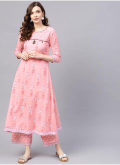 ISHIN Regular Fit Floral Pattern Round Neck Neck Three-Quarter Sleeve Pink Colour Knitted Cotton Kurta Set for Women with Mid-Rise Closure - Elevate Your Fashion Game  - Image 1