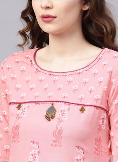 ISHIN Regular Fit Floral Pattern Round Neck Neck Three-Quarter Sleeve Pink Colour Knitted Cotton Kurta Set for Women with Mid-Rise Closure - Elevate Your Fashion Game  - Image 2