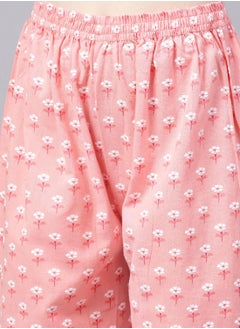 ISHIN Regular Fit Floral Pattern Round Neck Neck Three-Quarter Sleeve Pink Colour Knitted Cotton Kurta Set for Women with Mid-Rise Closure - Elevate Your Fashion Game  - Image 3