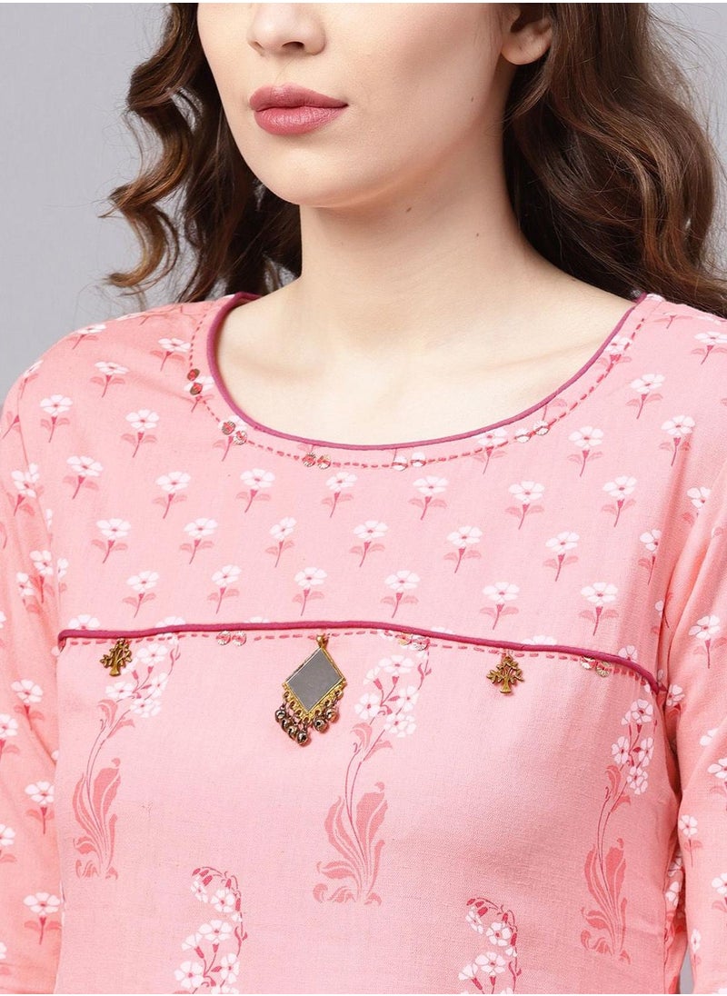 ISHIN - Regular Fit Floral Pattern Round Neck Neck Three-Quarter Sleeve Pink Colour Knitted Cotton Kurta Set for Women with Mid-Rise Closure - Elevate Your Fashion Game - Image 1