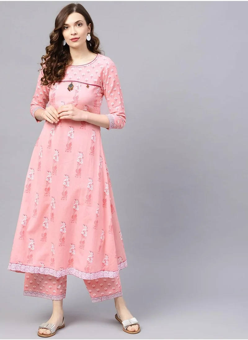 ISHIN Regular Fit Floral Pattern Round Neck Neck Three-Quarter Sleeve Pink Colour Knitted Cotton Kurta Set for Women with Mid-Rise Closure - Elevate Your Fashion Game
