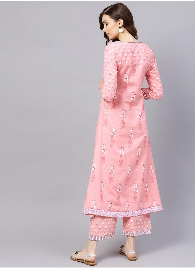ISHIN - Regular Fit Floral Pattern Round Neck Neck Three-Quarter Sleeve Pink Colour Knitted Cotton Kurta Set for Women with Mid-Rise Closure - Elevate Your Fashion Game - Image 1