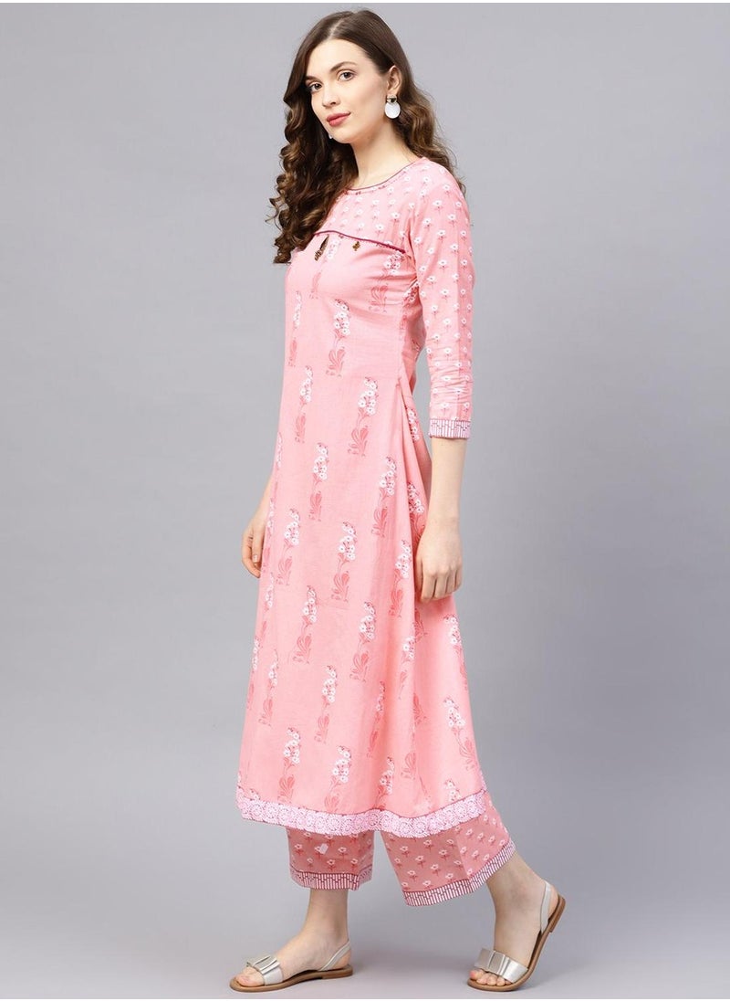 ISHIN - Regular Fit Floral Pattern Round Neck Neck Three-Quarter Sleeve Pink Colour Knitted Cotton Kurta Set for Women with Mid-Rise Closure - Elevate Your Fashion Game - Image 1