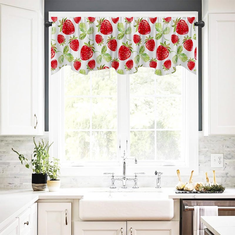 Fanghui Red Strawberry Window Treatment Valance 54X18in Watercolor Fruit Summer Strawberry Window Valance with Rod Pocket for Kitchen Dining Room Window Decoration - Image 3