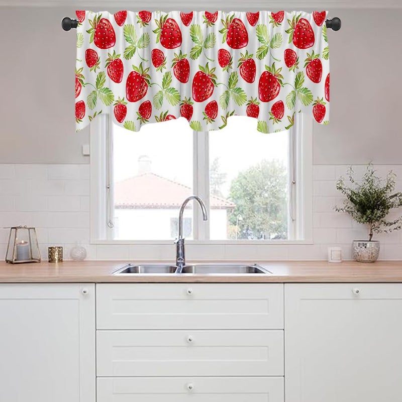 Fanghui Red Strawberry Window Treatment Valance 54X18in Watercolor Fruit Summer Strawberry Window Valance with Rod Pocket for Kitchen Dining Room Window Decoration - Image 5