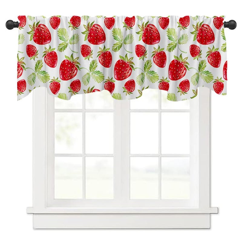 Fanghui Red Strawberry Window Treatment Valance 54X18in Watercolor Fruit Summer Strawberry Window Valance with Rod Pocket for Kitchen Dining Room Window Decoration - Image 1