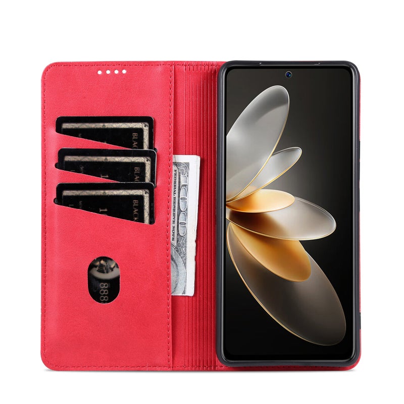 HuHa Case Cover For OPPO Reno12 Global AZNS Magnetic Calf Texture Flip Leather Phone Case(Red) - Image 4