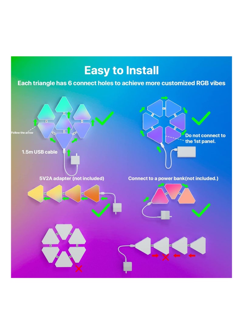 X الإصدار ضوء LED، أضواء LED الذكية، أضواء LED RGB لحائط – مجموعة من 6 لوحات إضاءة LED مثلثة مع تطبيق وجهاز تحكم عن بعد، مزودة بمزامنة الموسيقى، أضواء LED للمنزل، غرفة المعيشة، غرفة النوم وديكور غرفة الألعاب  - Image 5