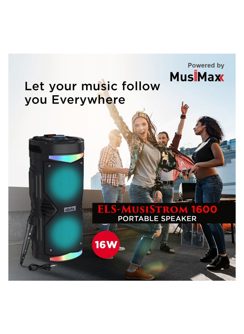 ELS-MusiStrom 1600 Portable 16 W Bluetooth Party Speaker with Wired Mic and Remote, TWS Feature, Built-in Mobile holder & FM/Aux/USB/TF Card Connectivity, 5 Hr Playback (Black)