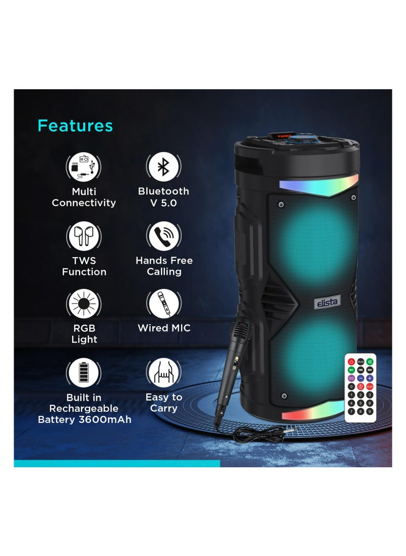 ELS-MusiStrom 1600 Portable 16 W Bluetooth Party Speaker with Wired Mic and Remote, TWS Feature, Built-in Mobile holder & FM/Aux/USB/TF Card Connectivity, 5 Hr Playback (Black)