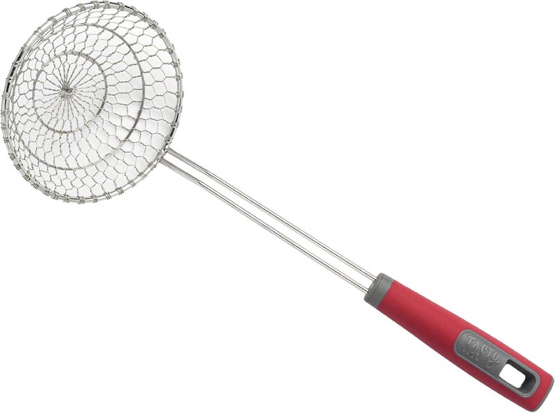 Tasty Stainless Steel Round Wire Skimmer, Comfort Grip Handle for Safe Scooping, Skimming and Serving, 5" Diameter, Red - Image 1
