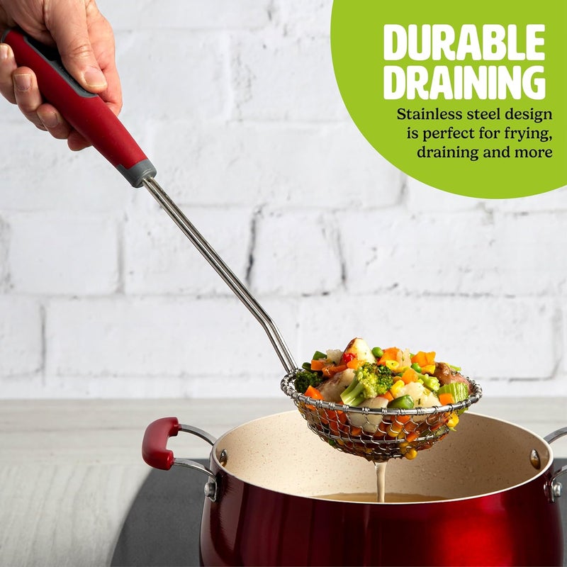 Tasty Stainless Steel Round Wire Skimmer, Comfort Grip Handle for Safe Scooping, Skimming and Serving, 5" Diameter, Red - Image 2