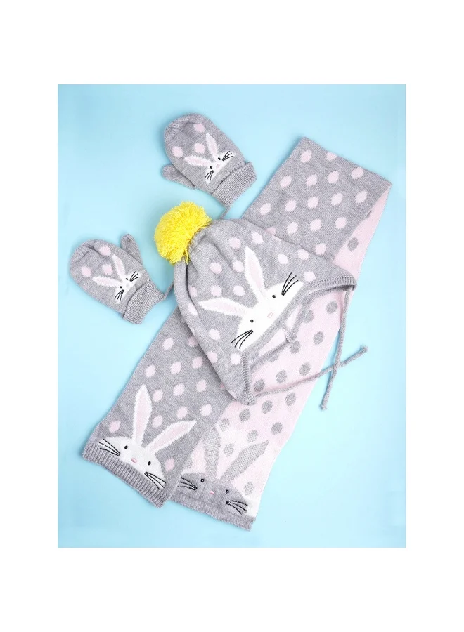 LITTLE SURPRISE BOX 3Pcs Grey Bunny Rabbit Matching Beanie Winter Cap Mufflers And Gloves Set