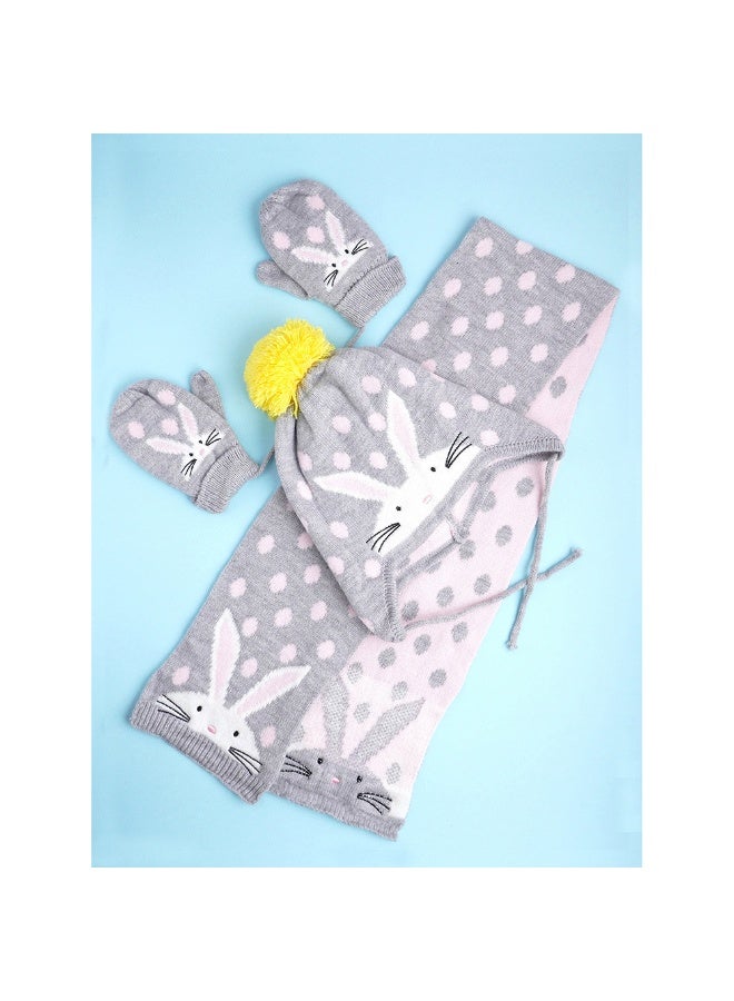 LITTLE SURPRISE BOX 3Pcs Grey Bunny Rabbit Matching Beanie Winter Cap Mufflers And Gloves Set  - Image 4