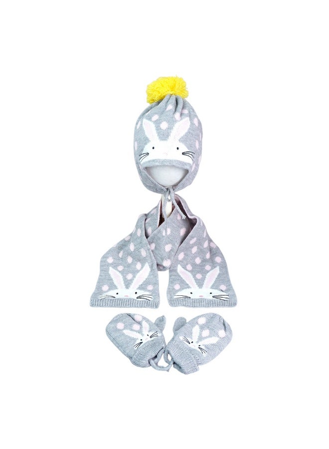 LITTLE SURPRISE BOX 3Pcs Grey Bunny Rabbit Matching Beanie Winter Cap Mufflers And Gloves Set  - Image 1