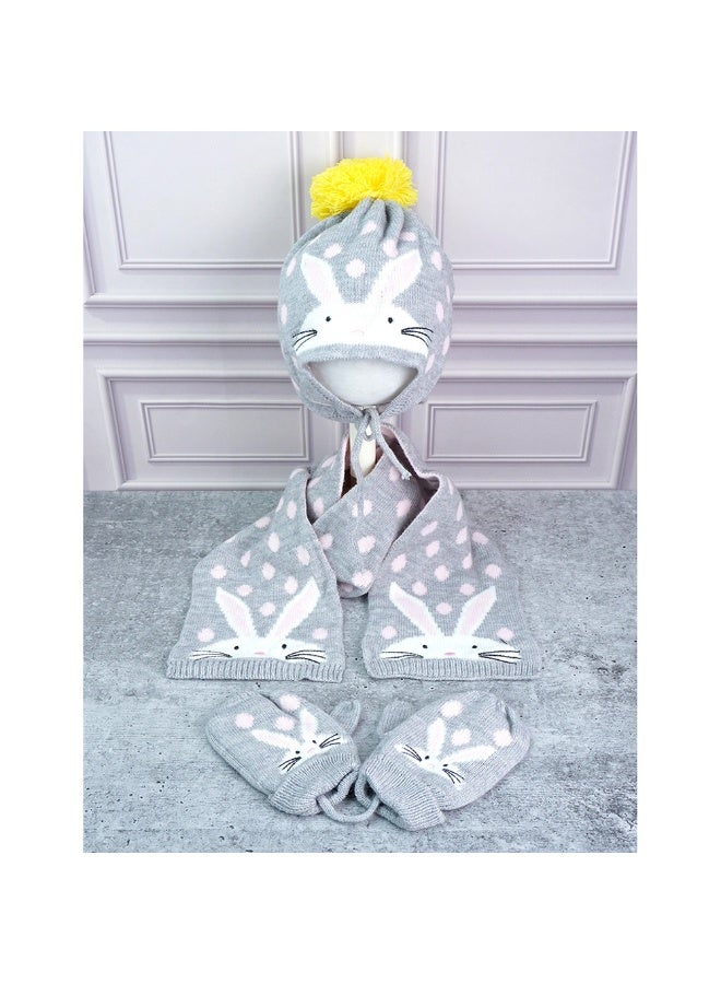 LITTLE SURPRISE BOX 3Pcs Grey Bunny Rabbit Matching Beanie Winter Cap Mufflers And Gloves Set  - Image 2
