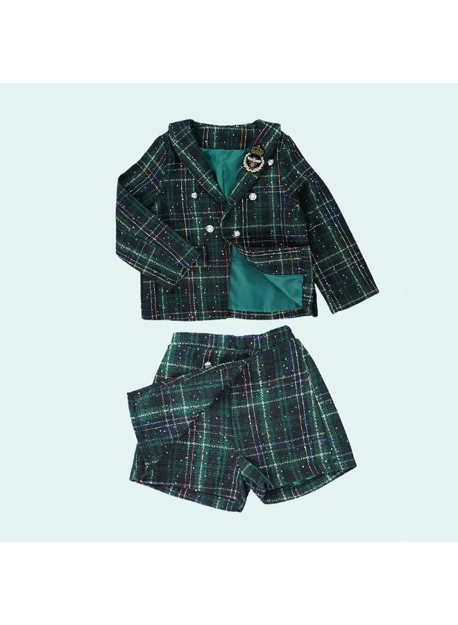 LITTLE SURPRISE BOX Bottle Green Scottish Style Tweed 2 pcsJacket and Shorts Winterwear set for Girls.