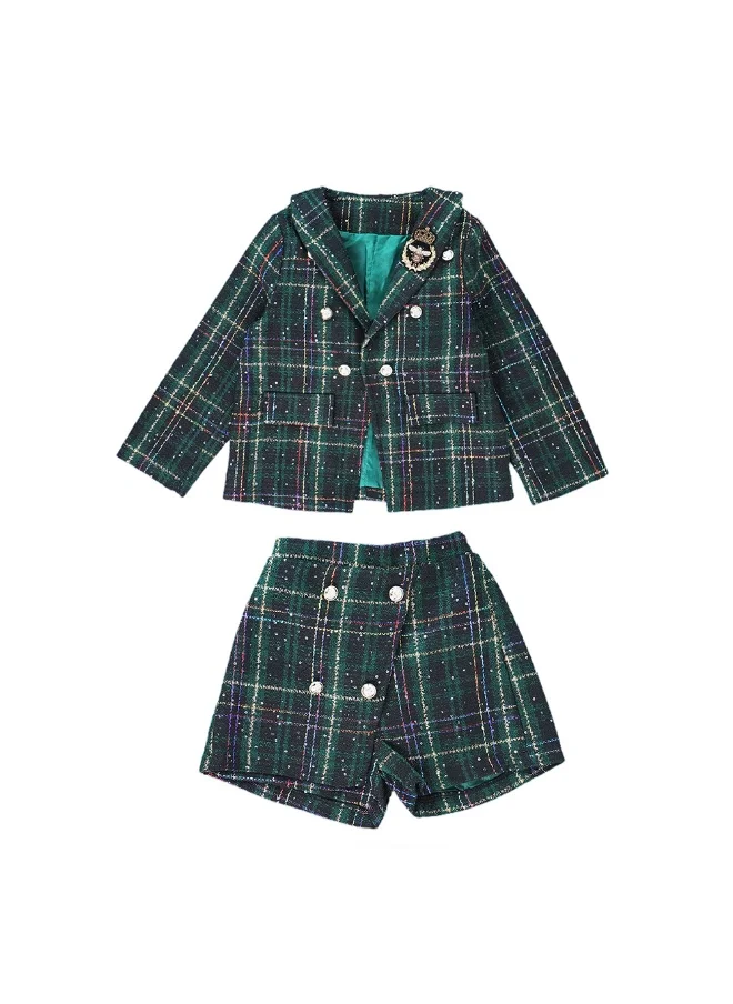 صندوق المفاجآت الصغيرة Bottle Green Scottish Style Tweed 2 pcsJacket and Shorts Winterwear set for Girls.-3-4Y