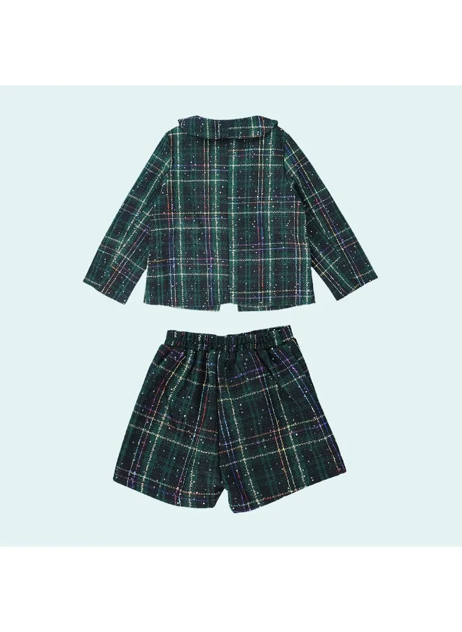 صندوق المفاجآت الصغيرة Bottle Green Scottish Style Tweed 2 pcsJacket and Shorts Winterwear set for Girls.-3-4Y