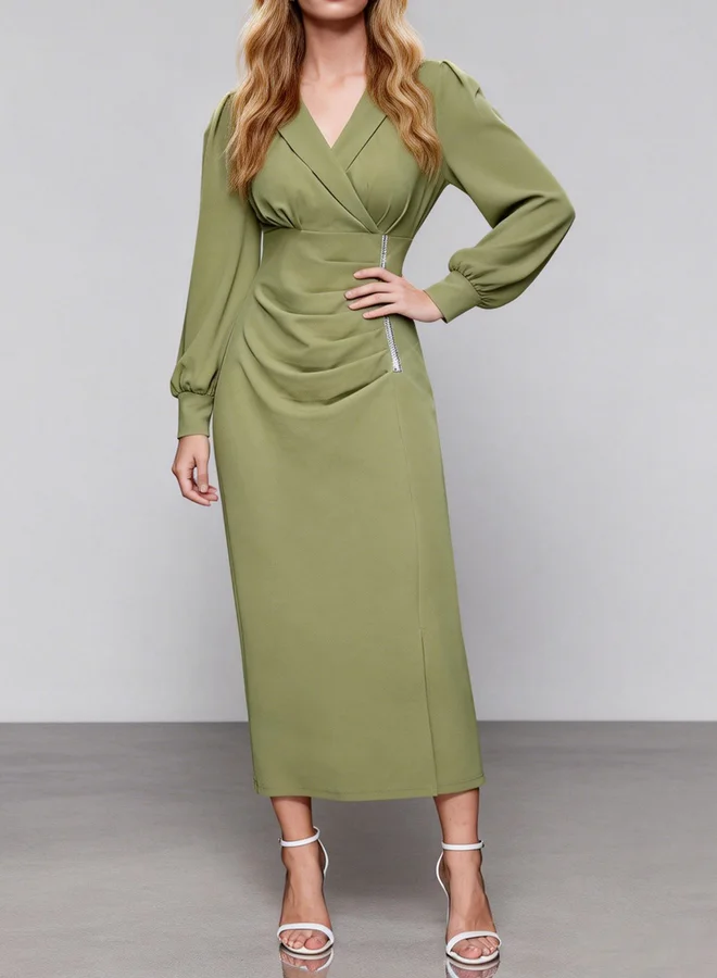 Take Two Green Fold Pleat Maxi Dress with Long Sleeves