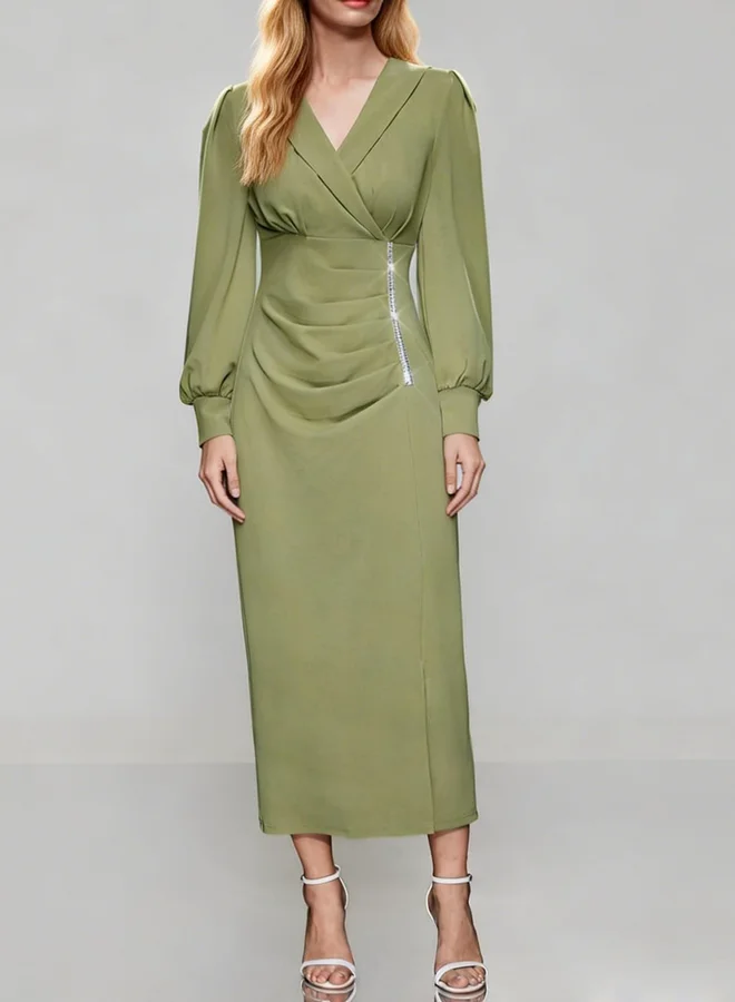 Take Two Green Fold Pleat Maxi Dress with Long Sleeves