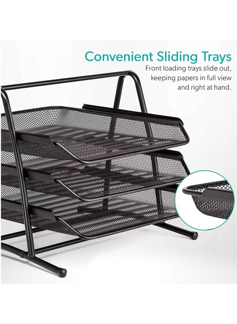 Generic 3-Tier Metal Mesh Desk File Organizer Tray – A4 Paper Letter Document Holder, Office Desktop Storage Rack for Home & Work, Black Stackable File Sorter for Papers, Files & Folders - Image 1