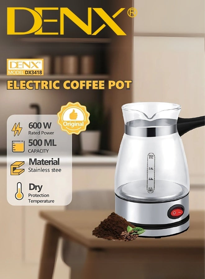 دينكس غلاية قهوة كهربائية تركية من DENX موديل DX3418 بسعة 500 مل، بقوة 600 واط، من الستانلس ستيل، لتحضير القهوة والشاي والماء الساخن بسرعة وأمان - Image 4