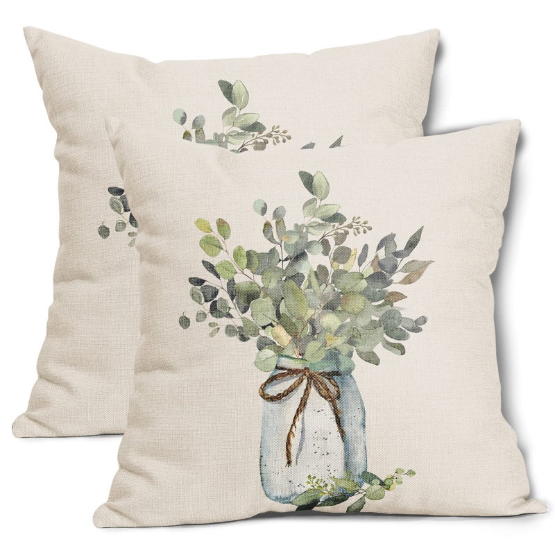 aportt Green Eucalyptus Leaves Pillow Covers 18X18 Inch Spring Summer Farmhouse Couch Pillow Cases Watercolor Leaf Throw Pillows Set of 2 Home Decor for Living Room Bedroom Bed Cushion Outdoor