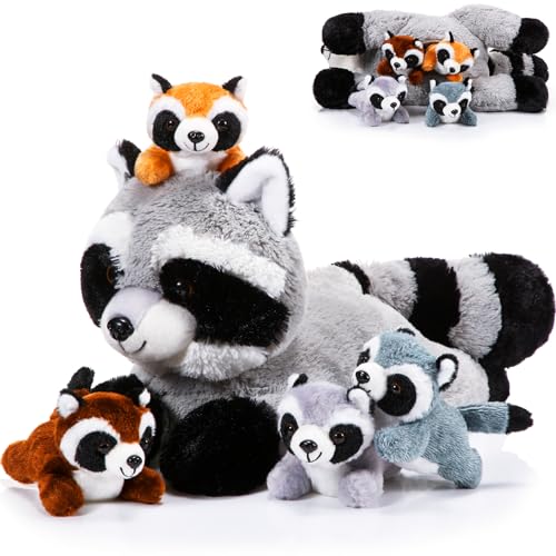 Harrycle 5 Pcs Raccoon Stuffed Animal Set Adorable Mommy Raccoon Plush with 4 Babies in Tummy Soft Cuddly Plushie for Birthday Woodland Party DecorLovely Style - Image 1