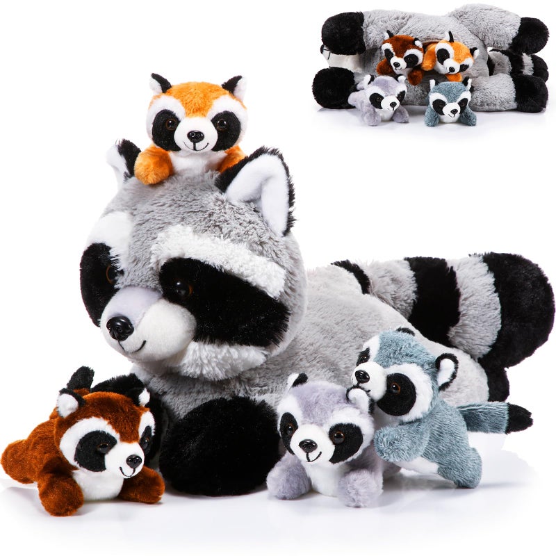Harrycle 5 Pcs Raccoon Stuffed Animal Set Adorable Mommy Raccoon Plush with 4 Babies in Tummy Soft Cuddly Plushie for Birthday Woodland Party DecorLovely Style - Image 2