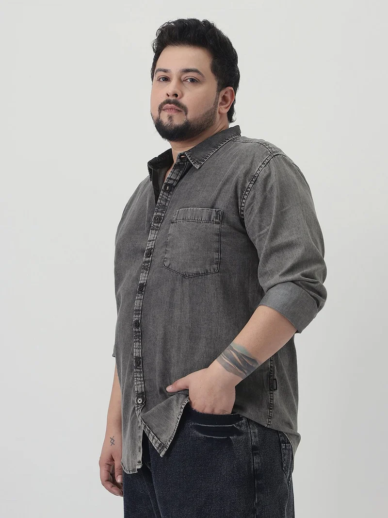 Urbano Fashion  Urbano Plus Men's Light Grey Regular Fit Full Sleeve Washed Denim Shirt  | Best Price UAE