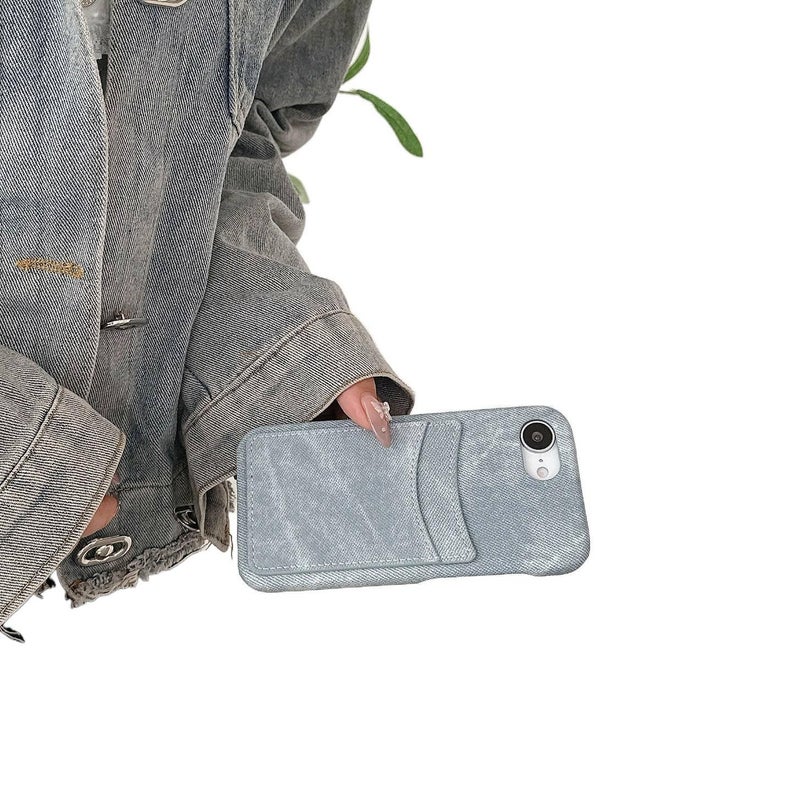 غطاء واقي | لـ iPhone 14 / 14 Plus / 14 Pro / 14 Pro Max | أزرق Denim Texture | حامل بطاقات - Image 4