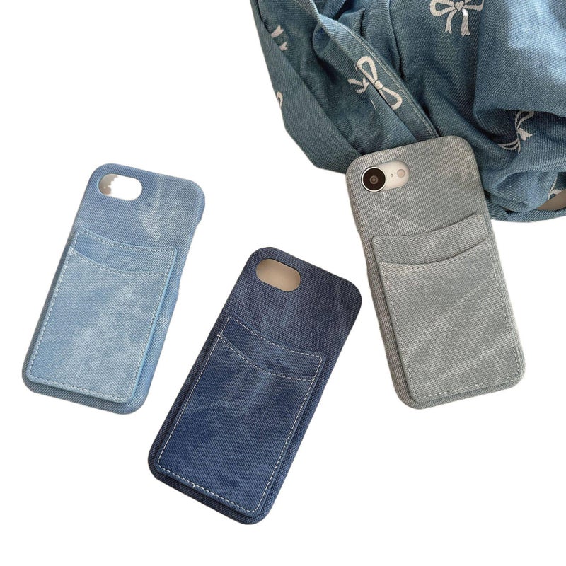 غطاء واقي | لـ iPhone 14 / 14 Plus / 14 Pro / 14 Pro Max | أزرق Denim Texture | حامل بطاقات - Image 3