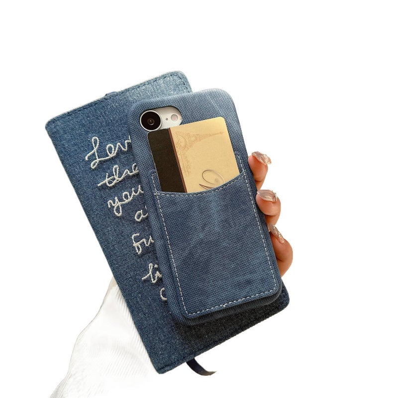 غطاء واقي | لـ iPhone 14 / 14 Plus / 14 Pro / 14 Pro Max | أزرق Denim Texture | حامل بطاقات - Image 5