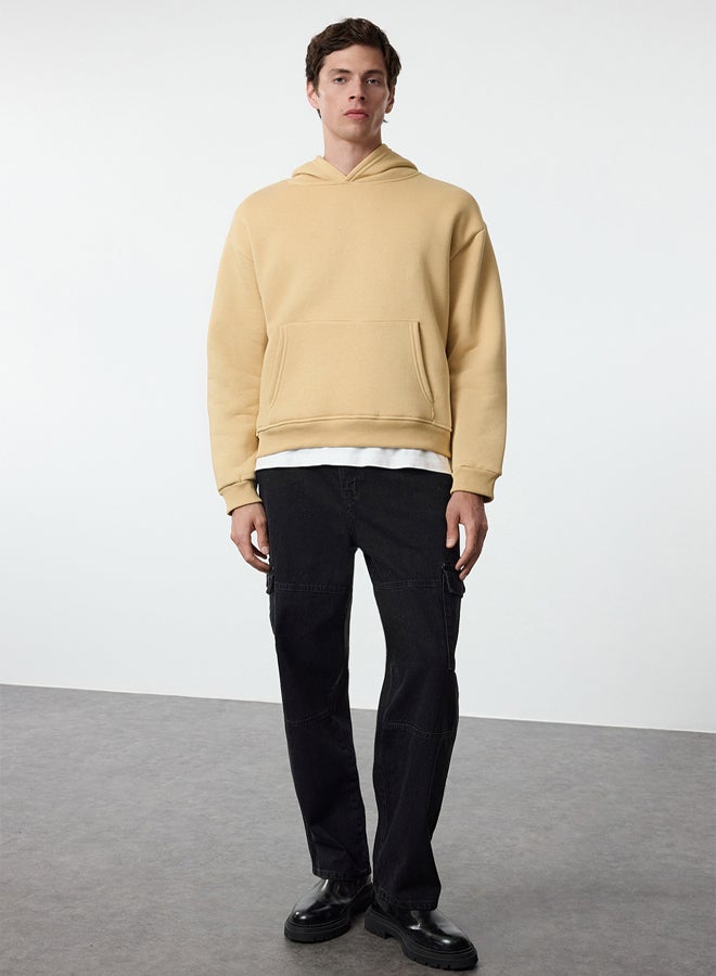 trendyol Stone Oversize/Wide Cut Back Embroidered Detailed Hooded Sweatshirt - Image 3