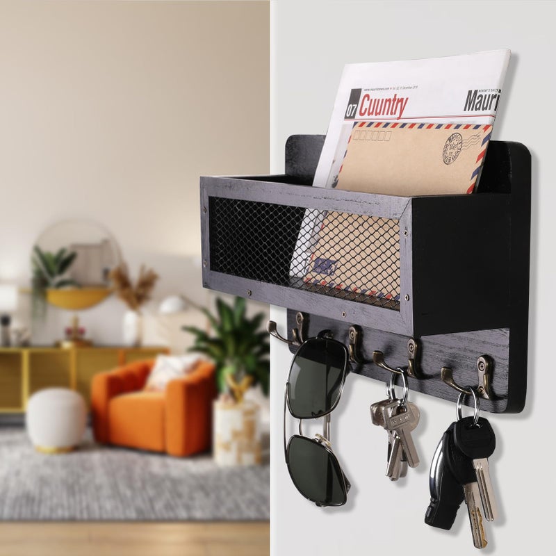 Adiil Mail And Key Holder For Wall Decorative  Wooden Wall Mount Key Rack Hanger Organizer With 4 Double Key Hooks  Rustic Home Decor For Entryway Hallway  Black - Image 2