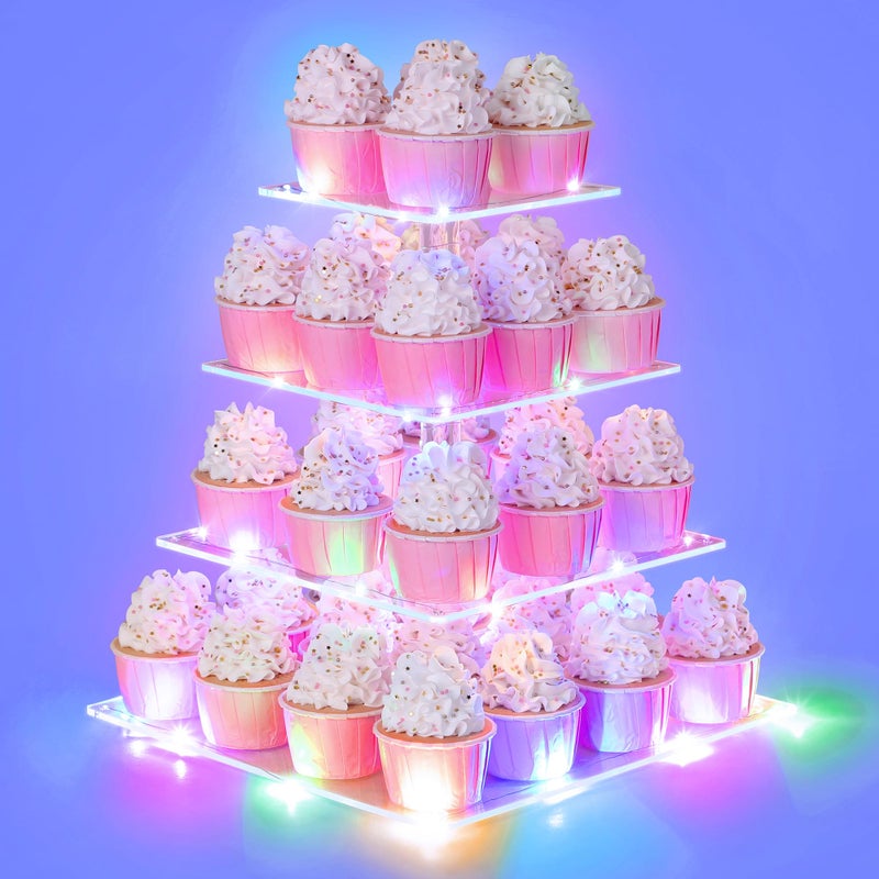 Suneerplay 4 Tier Clear Cupcake Stand with LED String Light Acrylic Cupcake Display for Weddings Birthday Anniversary Party Events