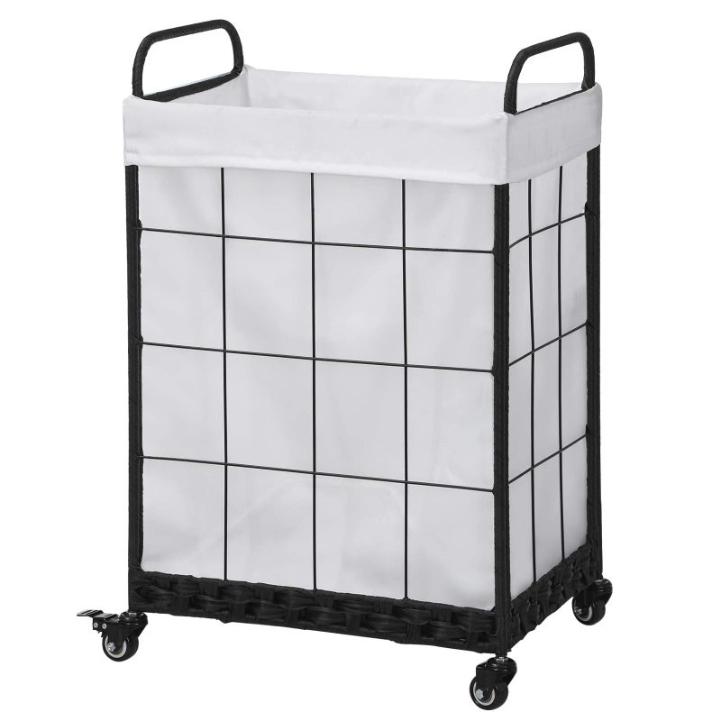 Heavy Duty Laundry Hamper with Lockable Rolling Wheels Durable Collapsible Laundry Basket Featuring Removable Liner Bag Metal Handle White