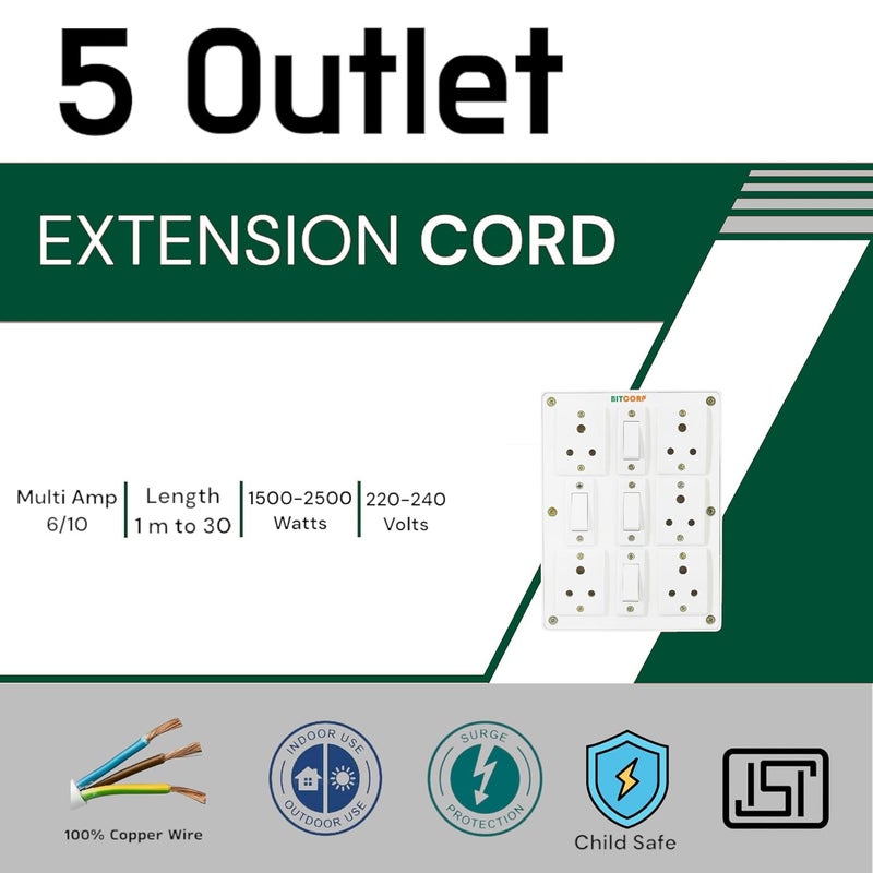 Bitcorp Extension Board Heavy Duty Junction Box 6A 5 Way Socket 4 Switch 1500W High Voltage with Thermal Protection Surge Control 10 Meter Long Cable Cord White - Image 2
