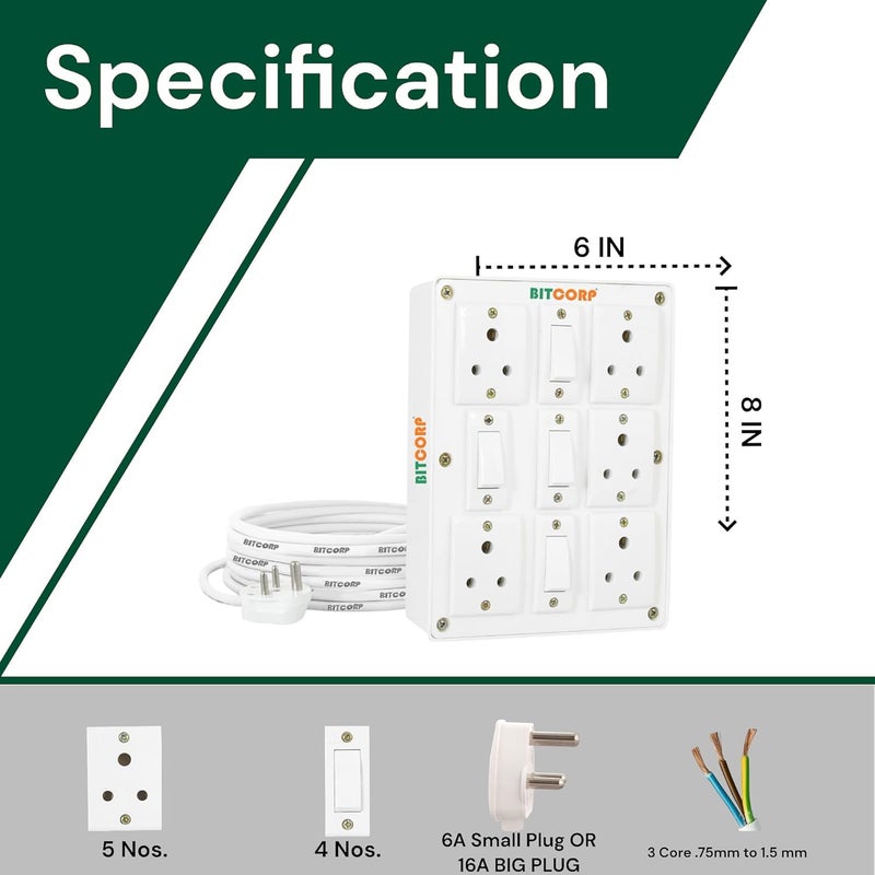 Bitcorp Extension Board Heavy Duty Junction Box 6A 5 Way Socket 4 Switch 1500W High Voltage with Thermal Protection Surge Control 10 Meter Long Cable Cord White - Image 3