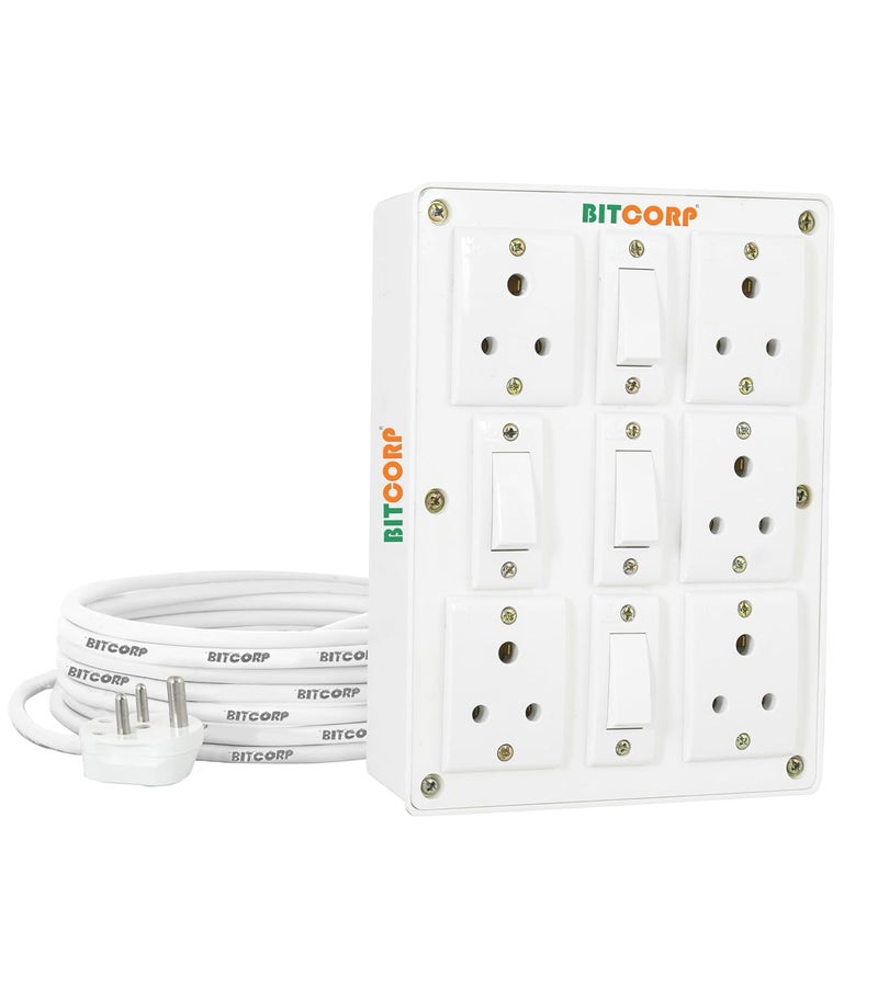 Bitcorp Extension Board Heavy Duty Junction Box 6A 5 Way Socket 4 Switch 1500W High Voltage with Thermal Protection Surge Control 10 Meter Long Cable Cord White - Image 1